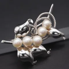 Q176 本真珠 6.5mm5珠 パール STERLING刻印 ブローチ リーフ デザイン シルバー コサージュ 6月誕生石