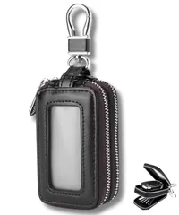 [Ventury] キーケース メンズ スマートキー対応 PUレザー ダブルファスナー コンパクト 軽量 窓付き クリア窓 レザー 車 バイク 鍵収納 通勤 旅行 プレゼント ギフト 誕生日 記念日 贈り物 