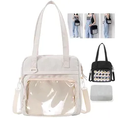 【新品】 [NGE] 痛バッグ 痛バ ショルダー 2way 小さめ 超軽量 ナイロン クリアポケット付き トート かわいい おしゃれ 斜めがけ 手提げ 肩掛け はっ水 缶バッジ ぬいぐるみ 推し オタ活 普段使い 学生 大人 軽い (オフホワイト)