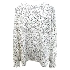 レリアン Leilian 長袖 シャツ ブラウス 17＋号 白系 ホワイト 総柄 バックジップ ギャザー