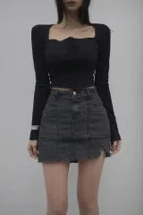 ブラックデニム ヴィンテージ スリット スカート S