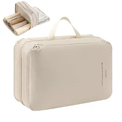 【新品】 【2026年最新】トラベルポーチ 便利旅行圧縮バッグ ファスナー圧縮 両面収納 大容量 衣類圧縮 衣類仕分け 出張 多機能 簡単圧縮 軽量 旅行 便利グッズ (ベージュ) 1