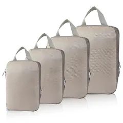 【新品】 ElevenHeart 旅行用圧縮袋 トラベルポーチ バッグ 4点セット 衣類仕分け 収納 スペース節約 スーツケース 出張 海外 修学 便利 軽量 ベージュ 0