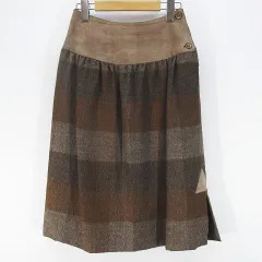 アニオナ AGNONA チェック柄 膝丈 フレアスカート 38 茶系 ブラウン 切替 ギャザー サイドスリット 裏地 イタリア製