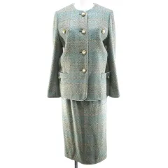 ミヤサトミ Satomi Miya セットアップ スカートスーツ 7 緑系 ミントグリーン チェック柄 ラメ ボタン スリット 裏地