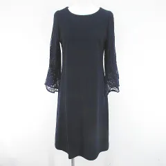ストロベリーフィールズ STRAWBERRY-FIELDS 長袖 膝丈 フレアワンピース ワンピース 紺系 ネイビー レース 刺繍 シースルー 透け感