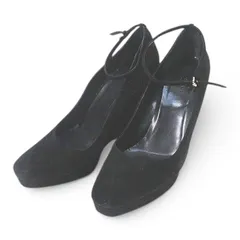 グッチ GUCCI パンプス ウェッジソール アンクルストラップ スクエアトゥ 38C ブラック 黒系 スエード  イタリア製