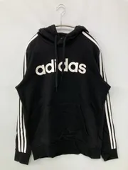 adidas アディダス パーカー O ブラック コットン 前面プリント ブランドロゴ ライン柄 プルオーバー 長袖