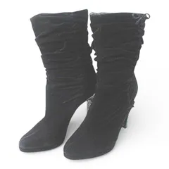 グッチ GUCCI ミドルブーツ サイドギャザー リボン ブラック 黒系 スエード 38C イタリア製