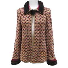 ミッソーニ MISSONI 長袖 ニット カーディガン オレンジタグ 茶系 ライトブラウン 総柄 ミンク ファー ボンボリ 加工 ドットボタン イタリア製