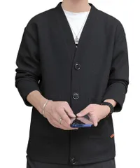 [Stilia] メンズ カーディガン さらり快適 ワッフル調 通気性 春秋 長袖 無地 ゆったり 大きめ 2XL対応 軽い 着回し自在 大容量ポケット シンプル おしゃれ 前開き (JP, アルファベット, XL, ブラック) [ブラック] [XL]