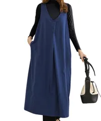 [Elixio] [エリクシオ] ワンピース ジャンパースカート ジャンスカ ロング レディース ルームウェア Vネック マキシ丈 体型カバー ゆったり 大きいサイズ レイヤード 秋 冬 (JP, アルファベット, M, ブルー) [ブルー] [M]