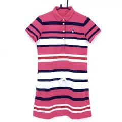 【美品】ルコックゴルフ 半袖ポロワンピース ピンク×ネイビー ボーダー調 ロゴ刺しゅう  レディース L ゴルフウェア le coq sportif