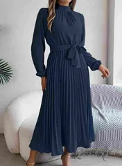 ワンピース レディース 即購入OK 春秋 長袖 プリーツ ワンピース レディース 即購入OK ハイネック ロング マキシ ロングワンピース マキシワン