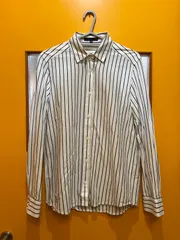 Y【Y1-88】△ iCB　 Sサイズ　長袖シャツ　白色/黒色　ストライプ柄　レディース
