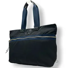 【美品】トリーバーチ TORY BURCH トートバッグ ナイロン レザー ブラック ネイビー A4収納可 大容量 軽量 肩掛け ワンショルダー ビジネス 通勤 通学 マザーズバッグ デカロゴ ゴールド金具 エレガント レディース 鞄 人気モデル s3