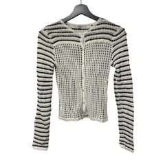    コルコバード CORCOVADO 幾何学 ボーダー ニットカーディガン M ホワイト × ブラック【Z1816】