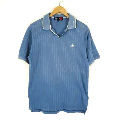 ルコックスポルティフ le coq sportif ゴルフ ポロシャツ ロゴ 刺繍 ストライプ スキッパー 半袖 M 青 ブルー 白 ホワイト