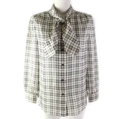 極美品△SAINT LAURENT PARIS サンローランパリ 2021年製 660885 シルク ゴールドラメ入り チェック柄 ボウタイ ブラウス 長袖シャツ ベージュ ブラック 34 イタリア製 正規品 レディース オススメ◎のサムネイル