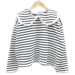 ナイスクラップ NICE CLAUP シーミー Seemi カットソー 長袖 ラウンドカラー レース ボーダー柄 ネイビー 紺 ホワイト 白 /YM5