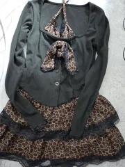 ブラック カーディガン + ヒョウ柄 レオパード レース スカート セット