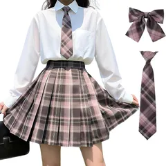 [GEAHOL] 制服 スカート コスプレ 女子高生 プリーツスカート 3点セット 蝶ネクタイ&ネクタイ コスプレ ハイウエスト 学生服 洗濯機OK 調整可能ウエスト 学園祭 文化祭 チェック柄 (JP, アルファベット, M, 茶ピンク) 1