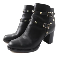 美品◎Valentino Garavani ヴァレンティノガラヴァーニ ロックスタッズ付き レザー ショートブーツ ブラック ゴールド金具 35.5 イタリア製 レディース