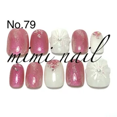 No.79 ピンクマーブル＆ホワイトぷっくりフラワーネイルチップ ハンドメイド ジェルコート済 マーブルネイル