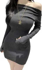 COCO&YUKA(ココアンドユカ) タイト リブ ニット セクシー ミニ ワンピース オフショルダー 肩出し 長袖 レディース ミニワンピ (グレー,  M)