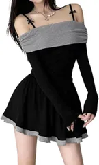 COCO&YUKA(ココアンドユカ) オフショルダー リボン 長袖 リブニット フレア ワンピース レディース セクシー タイト ミニワンピ 無地 シンプル フェミニン (ブラック,  M)