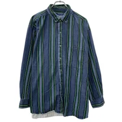 SANTANA BLUE 長袖 ストライプシャツ LARGE グリーン ブルー ボタンダウン ボタン 胸ポケット ストライプ柄 春秋物 a803-5239