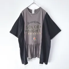 古着リメイクTシャツ　ブラウン×ブラック　切替え　ギャザーフリル　茶　黒　レディーストップス　ゆったり