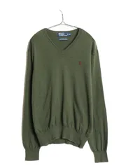 【お得なクーポン配布中!】 00s ポロ ラルフローレン ニット セーター メンズ M 古着 オールド 長袖ニット 高級 100% ピマ コットン ワンポイント Vネック ハイゲージ 