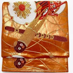 ［7238］袋帯 花蝶鼓文様 楽器 金糸 六通 正絹 着物 フォーマル