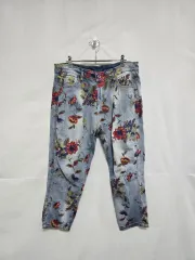 ライトブルー フラワー パータン 7分 ストレッチ デニム パンツ レディース 34インチ 0305