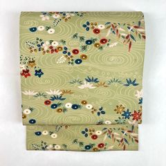 美品 正絹 名古屋帯 彩のきもの 八重花紋 高級ちりめん 淡抹茶色 草木