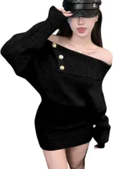 COCO&YUKA(ココアンドユカ) オフショルダー 肩出し ニット ミニ ワンピース 長袖 セクシー タイト ミニワンピ セーター レディース (ブラック,  M)