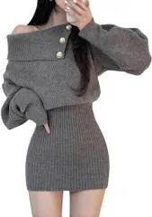 COCO&YUKA(ココアンドユカ) オフショルダー 肩出し ニット ミニ ワンピース 長袖 セクシー タイト ミニワンピ セーター レディース (グレー,  M)