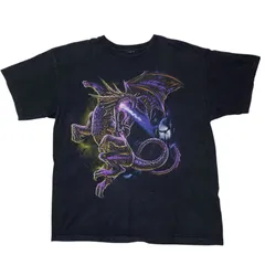 ヴィンテージ ドラゴン 巨大 龍 アート プリント ファンタジー グラフィック 紫 パープル 月 霧 幻想的 ヴィンテージアイテム  ブラック 黒 Tシャツ レディース ユニセックス メンズ 古着 半袖 CHM