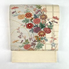 6k524 名古屋帯 絹 夏帯 夏物 絽 金駒 蘇州 刺繍 ベージュ 金色 赤 