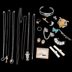 【遺品整理まとめて■82】ジュエリー　20点　SILVER925　ネックレス　ブローチ　リング　バングル　べっ甲　ストーン　アクセサリー