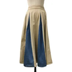 ミーア MIIA スカート フレア ロング デニム 切替 タック ウエストゴム 無地 F ベージュ 青 ブルー