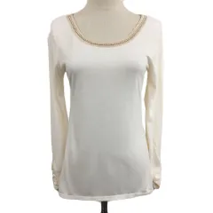 グローブ grove カットソー Uネック プルオーバー ビーズ ラメ 無地 シャーリング 長袖 M ベージュ