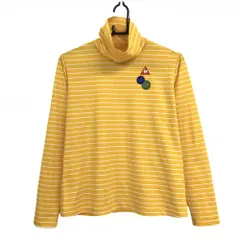 【超美品】ルコック 長袖タートルネックシャツ イエロー×白 ボーダー ワッペン  レディース L ゴルフウェア le coq sportif