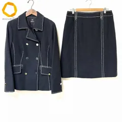 #anc ニジュウサンク 23区 スカートスーツ 46/48 紺 ステッチ 大きいサイズ ツイード 銀ボタン イタリア製生地 レディース [983403]