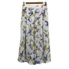 グローバルワーク GLOBAL WORK パンツ ワイド ガウチョ イージー クロップド タック ウエストゴム 花柄 F 白 青 ホワイト ブルー