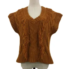リーバイス Levi's MADE&CRAFTED ベスト ニット プルオーバー Vネック ケーブル編み フリンジ ノースリーブ XS 茶 オレンジ ブラウン