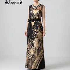 ❦Kaena❦　着物リメイク　ワンピース　ロング　ドレス　マキシ　Aライン　黒留袖　ベルト紐　後ろボタン　正絹　結婚式　パーティー　お呼ばれ　卒業式　入学式　ステージ衣装　オケージョンドレス　ブラック　フォーマル　黒　結婚式ドレス