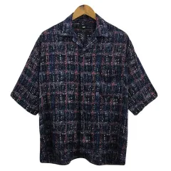 ハレ HARE シャツ カジュアル オープンカラー 総柄 七分袖 M 紺 赤 ネイビー レッド