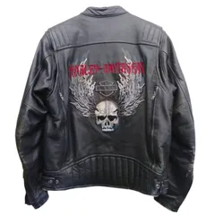 Harley-Davidson ハーレーダビットソン レザージャケット サイズM〜L相当 ブラック 本革 インドネシア製 ダブルジップ フル刺繍 スカル ライダース アメカジ 古着
